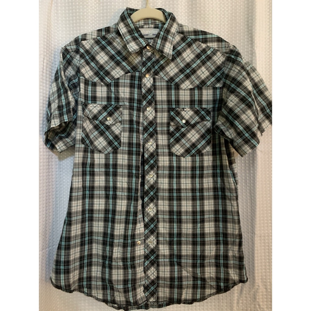 Wrangler‎ Mens Wrancher Shirts Medium Blue Gray Plaid Pearl Snap